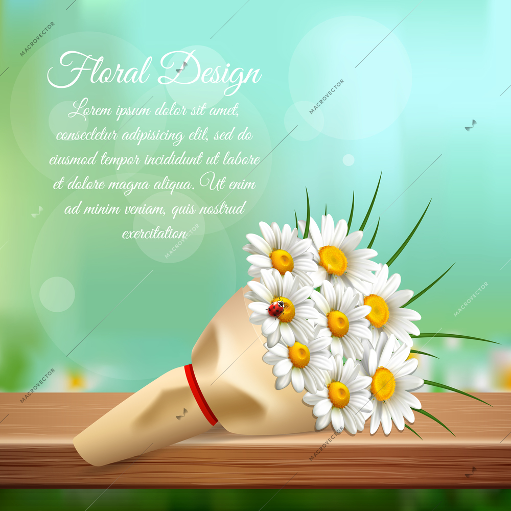 Daisy realistic gentle composition with bouquet of chamomiles and floral design headlines vector illustration