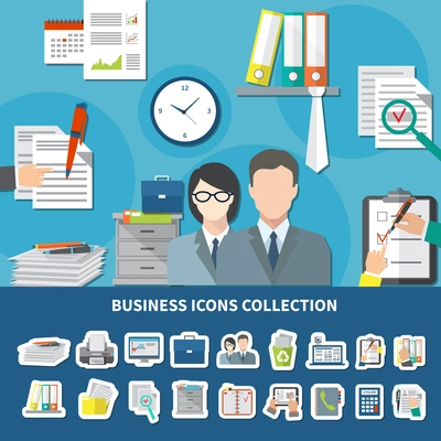 Business colored items icon set with elements of office work and tools vector illustration