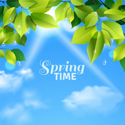 Spring time realistic poster with rain drops falling from green leaves on cloudy sky background vector illustration