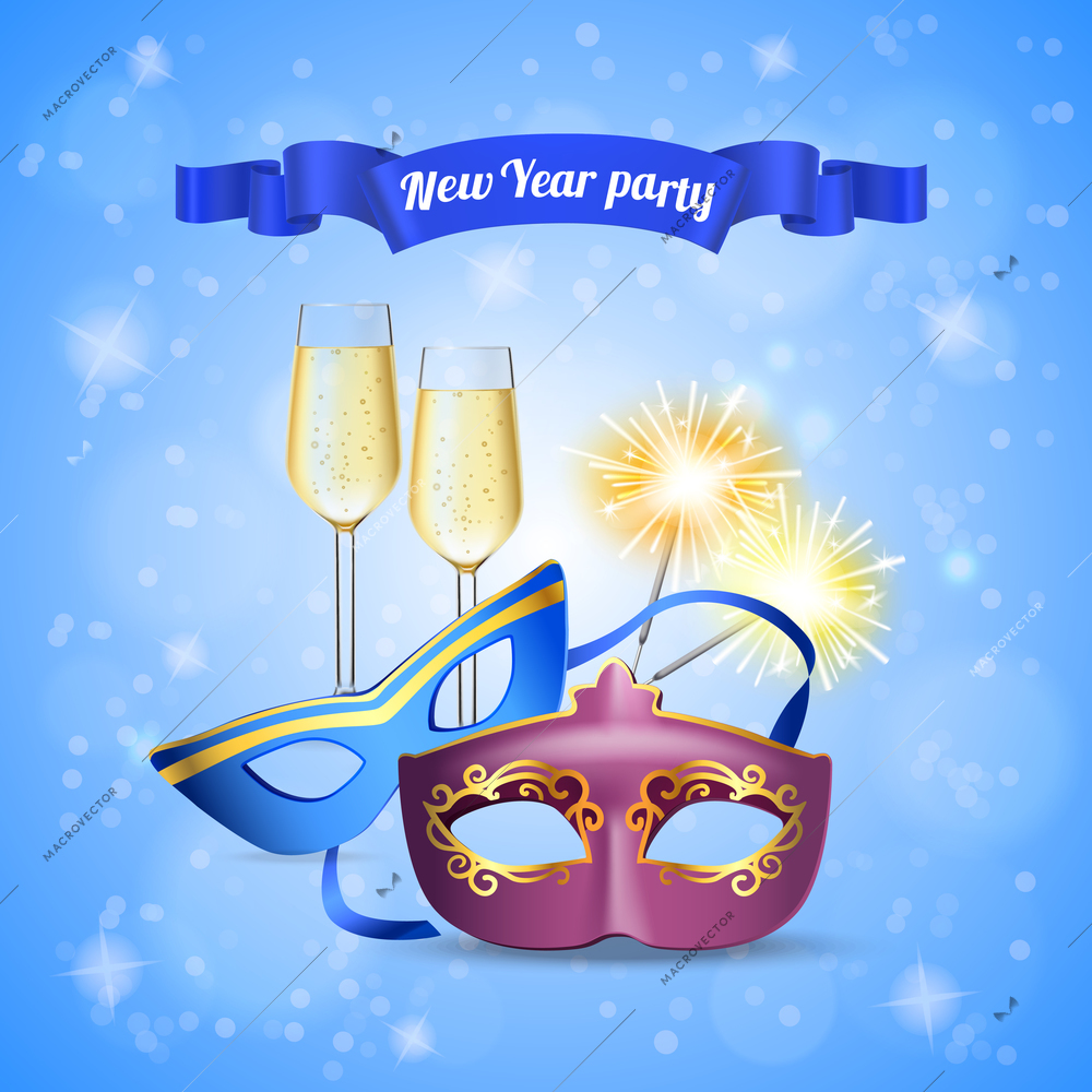 New year party accessories realistic composition with champagne glasses eye masks bengal light sparklers invitation vector illustration