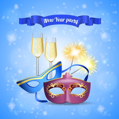 New year party accessories realistic composition with champagne glasses eye masks bengal light sparklers invitation vector illustration