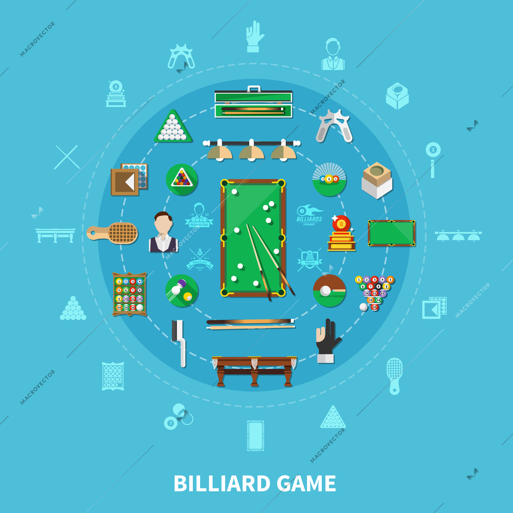 Billiards round composition on blue background with player, sports equipment, game emblems, cleaning accessories vector illustration