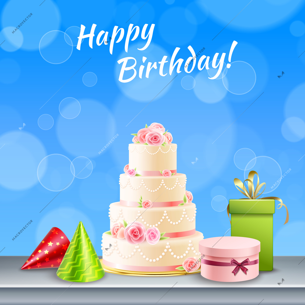 Happy birthday card with cake presents cone hats on blue bubbled background festive realistic image vector illustration