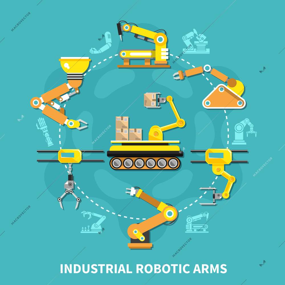 Robotic arm round composition with yellow iron arm arranged in circle and in flat style vector illustration