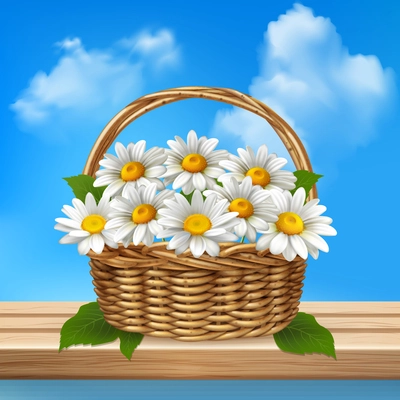 Daisy realistic colored composition wicker basket of flowers stands on a wooden bench vector illustration