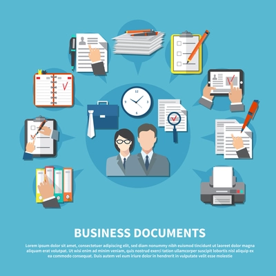 Business items flyer with elements of work tools and place for text vector illustration