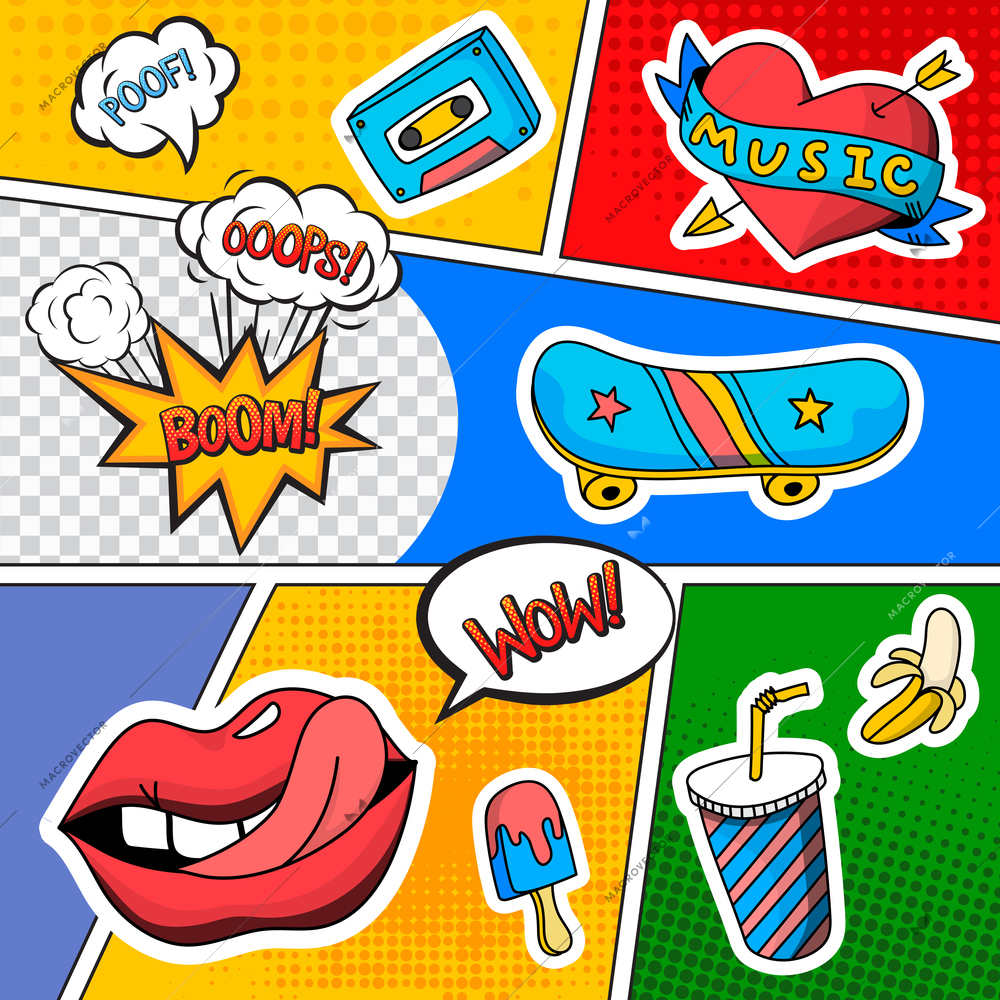 Comic book page with emotions and sound effects on colorful divided background with various objects vector illustration