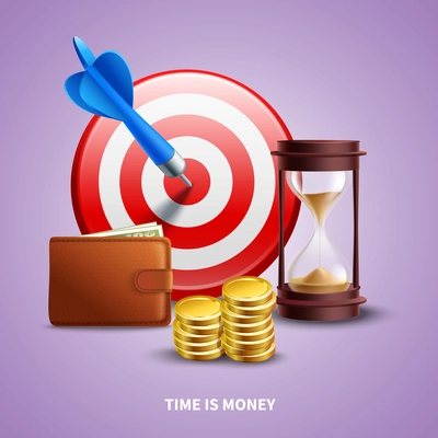 Business realistic concept with wallet hourglass coins and target vector illustration