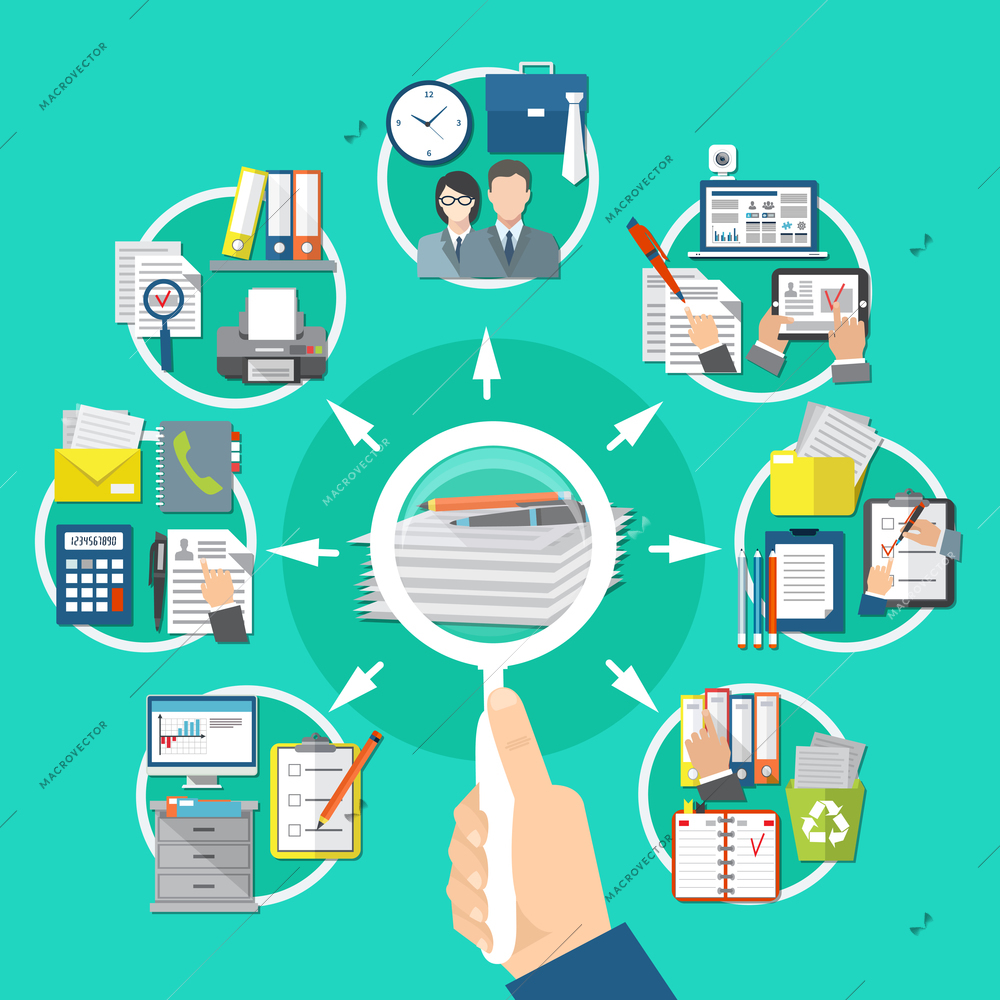 Business items round composition with search of information on documents and papers vector illustration