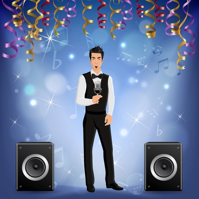 Festive presentation event party celebration music concert realistic image with singer onstage loudspeakers serpentine streamers vector illustration