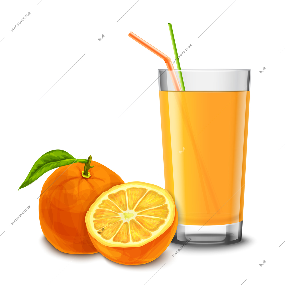 Realistic glass full of juice with cocktail straw and orange fruit isolated on white background vector illustration