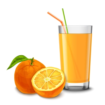 Realistic glass full of juice with cocktail straw and orange fruit isolated on white background vector illustration