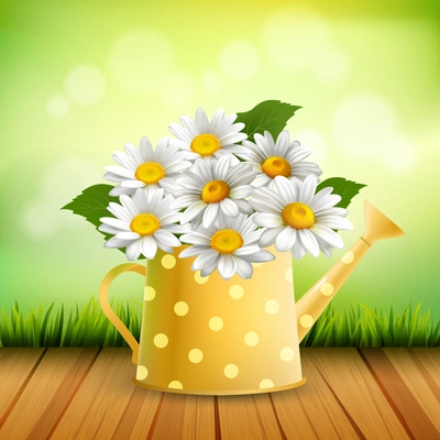 Armful of Daisy realistic composition with bouquet of chamomiles in yellow colorful watering can vector illustration