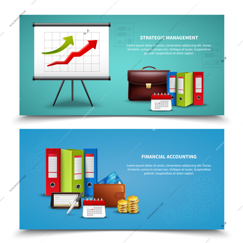 Strategic management and financial accounting business banners set realistic isolated vector illustration