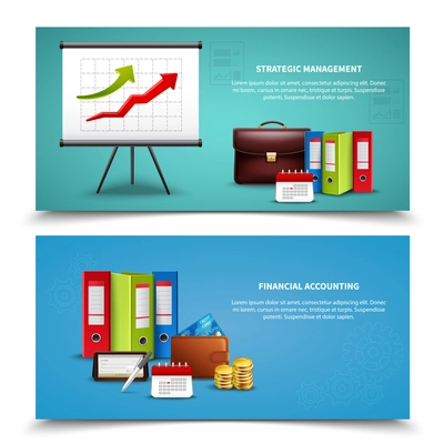 Strategic management and financial accounting business banners set realistic isolated vector illustration