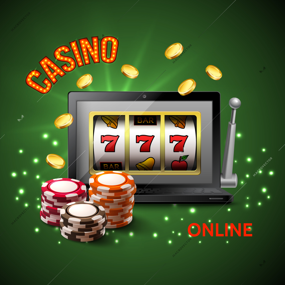 Colored casino realistic composition with casino online headline and dark green background vector illustration