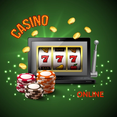 Colored casino realistic composition with casino online headline and dark green background vector illustration