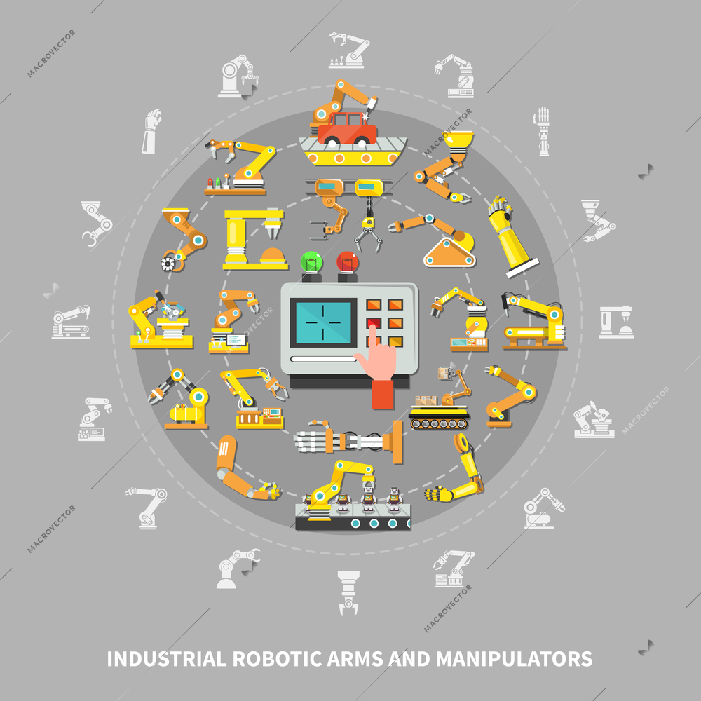 Flat robotic arm industrial composition with industrial robotic arms and manipulators descriptions vector illustration