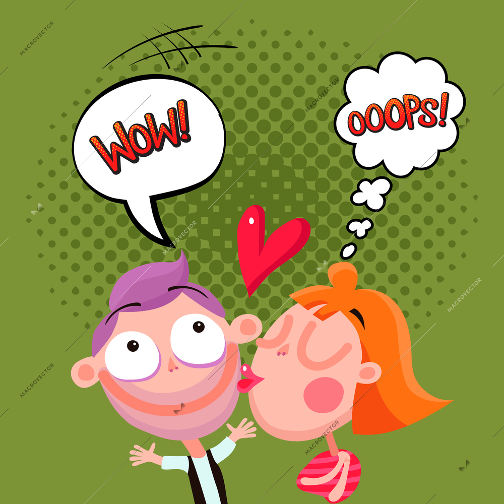 Love kiss composition on green background with couple, expression of emotions in bubbles comic style vector illustration