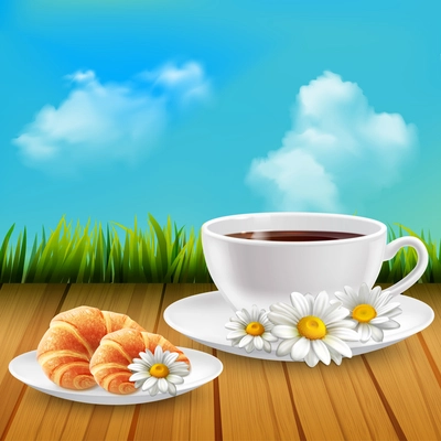 Daisy realistic breakfast composition with cup of coffee and a croissant and flowers scattered around vector illustration