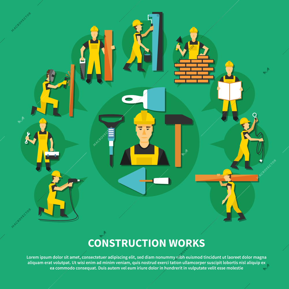 Construction worker green and flat composition with different types of construction works vector illustration