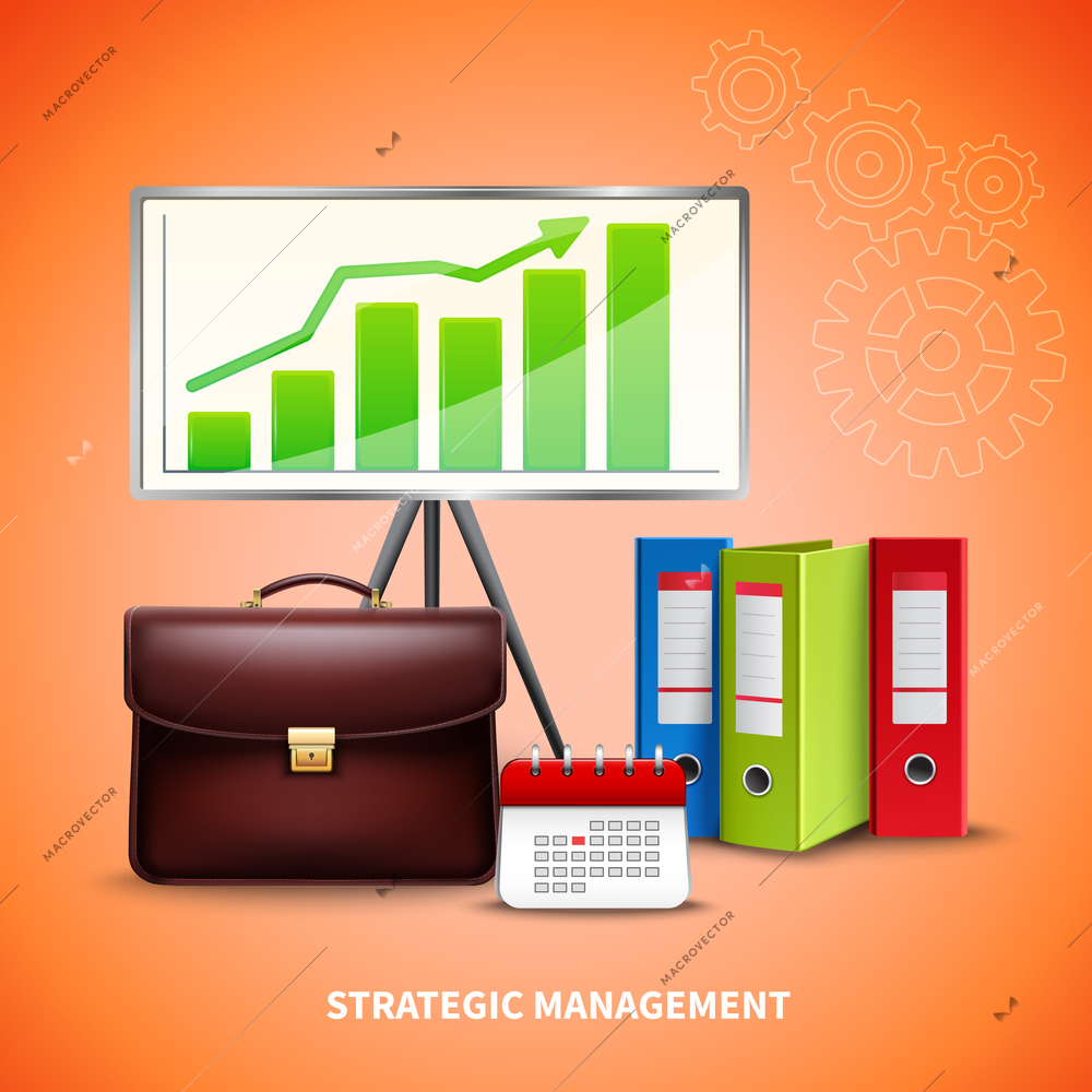 Realistic strategic management business concept with tools for planning on bright background vector illustration