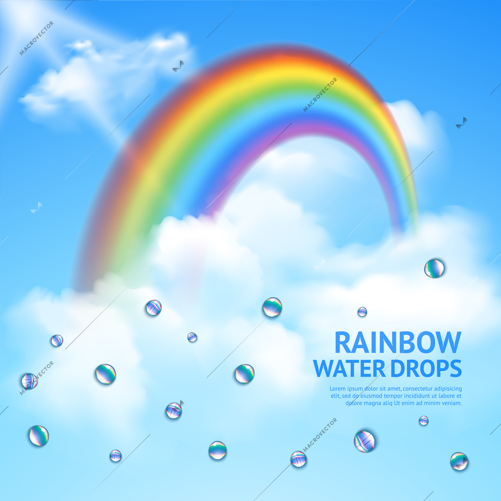 Rainbow hidden in clouds abstract realistic poster with transparent drops of water and sun  rays vector illustration
