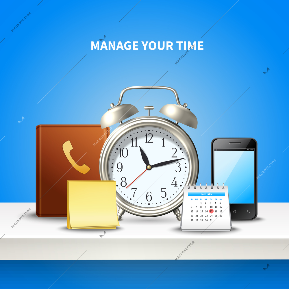 Time management realistic and colored composition with manage your time big headline vector illustration