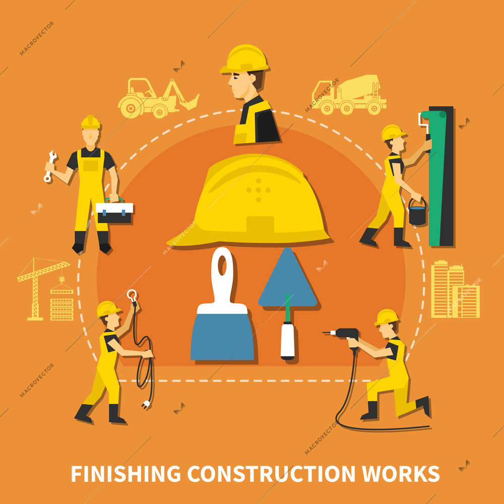 Colored and flat construction worker composition with finishing construction works steps description vector illustration