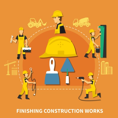 Colored and flat construction worker composition with finishing construction works steps description vector illustration