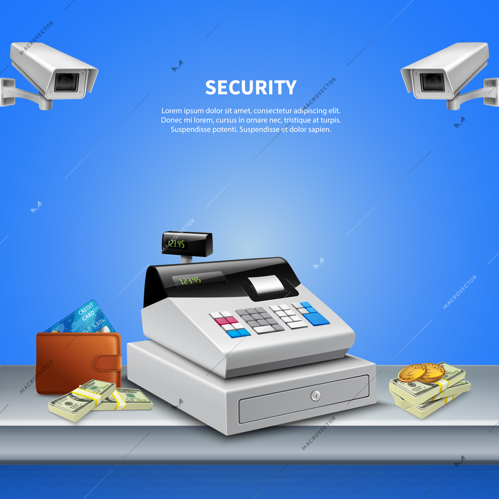 Realistic background with two surveillance cameras cash register banknotes and coins vector illustration