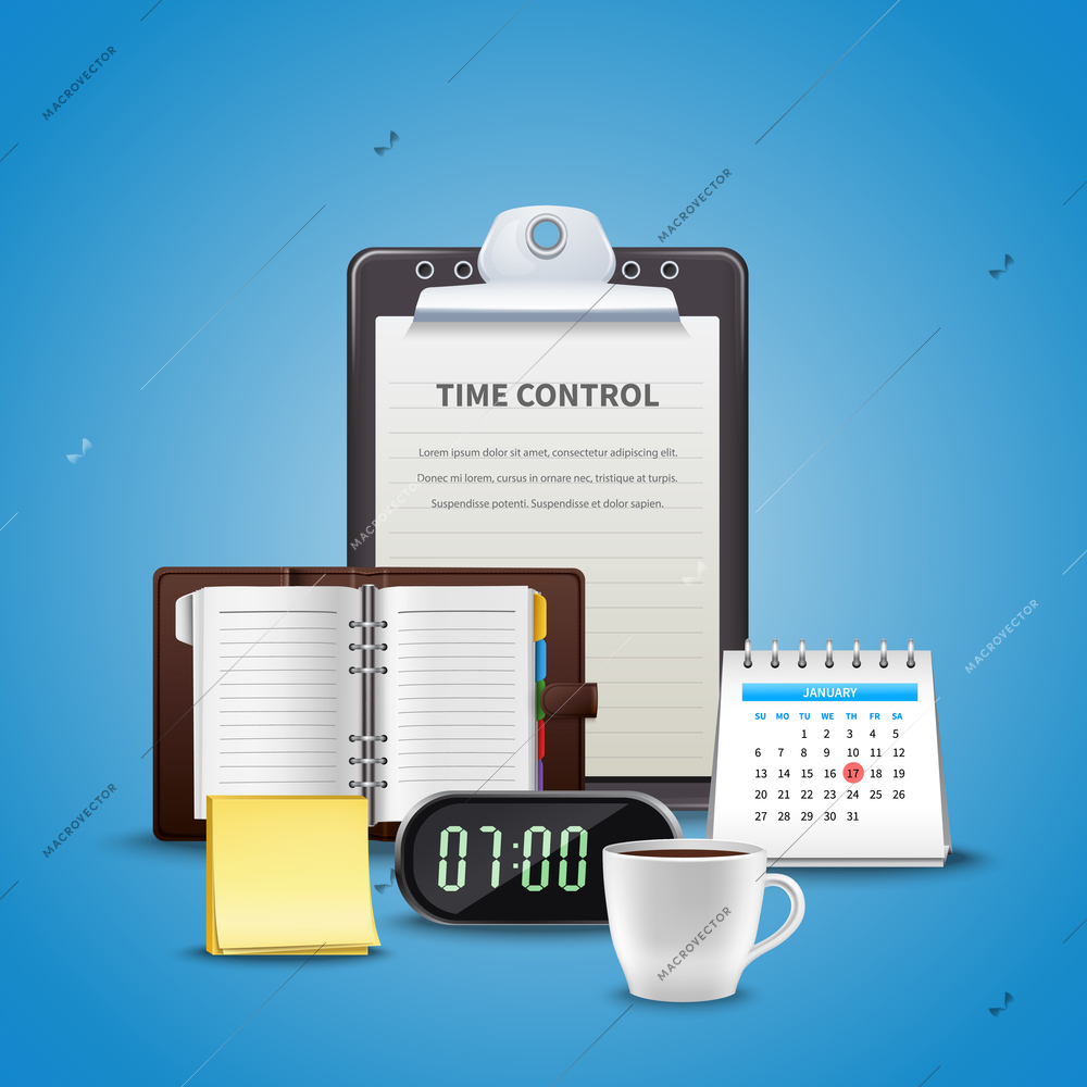 Time management realistic concept with different attributes of time control at the work vector illustration