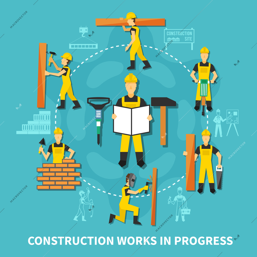 Construction worker concept with construction works in progress description in flat style vector illustration