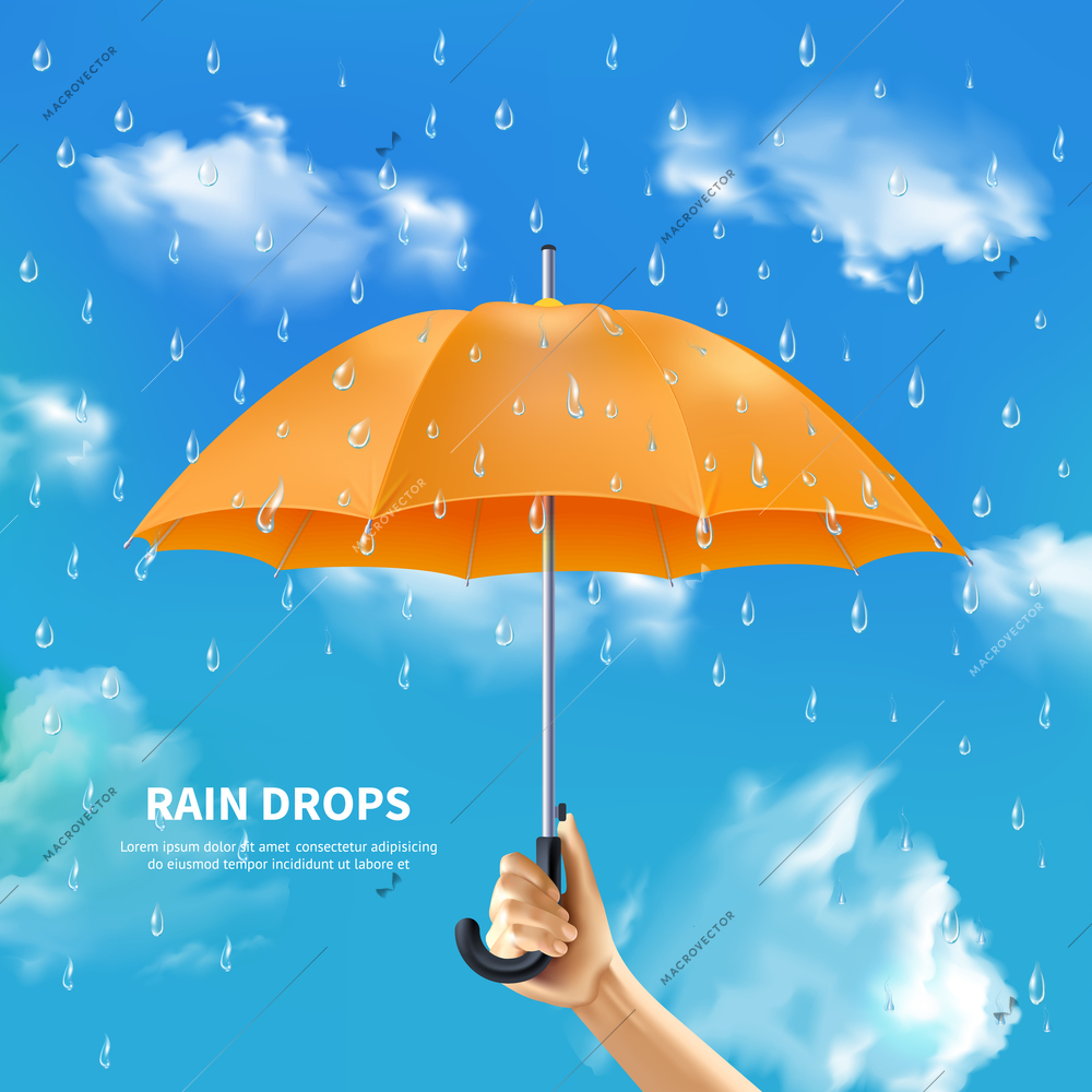 Rain drops realistic poster with people hand holding open orange umbrella on cloudy sky background vector illustration