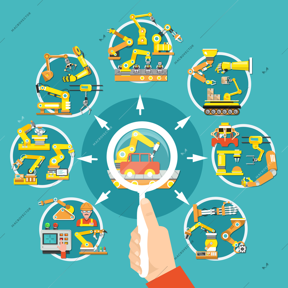 Flat colored robotic arm search composition with magnifier in hands and search for a suitable instrument vector illustration