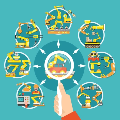 Flat colored robotic arm search composition with magnifier in hands and search for a suitable instrument vector illustration