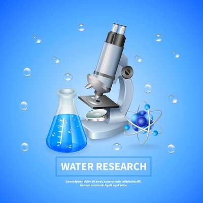Water research blue background with water drops microscope chemical lab equipment and atom structure realistic icons vector illustration