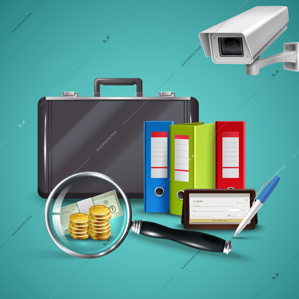 Business realistic concept with various objects in office of book keeper vector illustration