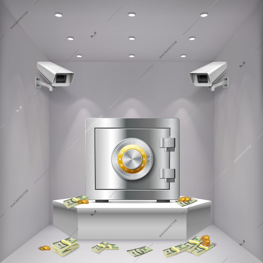 Room with metal bank vault surveillance cameras and money realistic background vector illustration