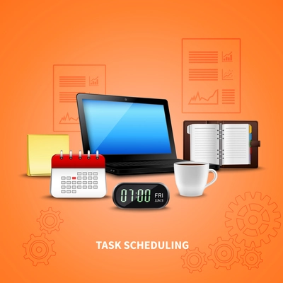Orange time management realistic with task scheduling headline and attributes of work vector illustration