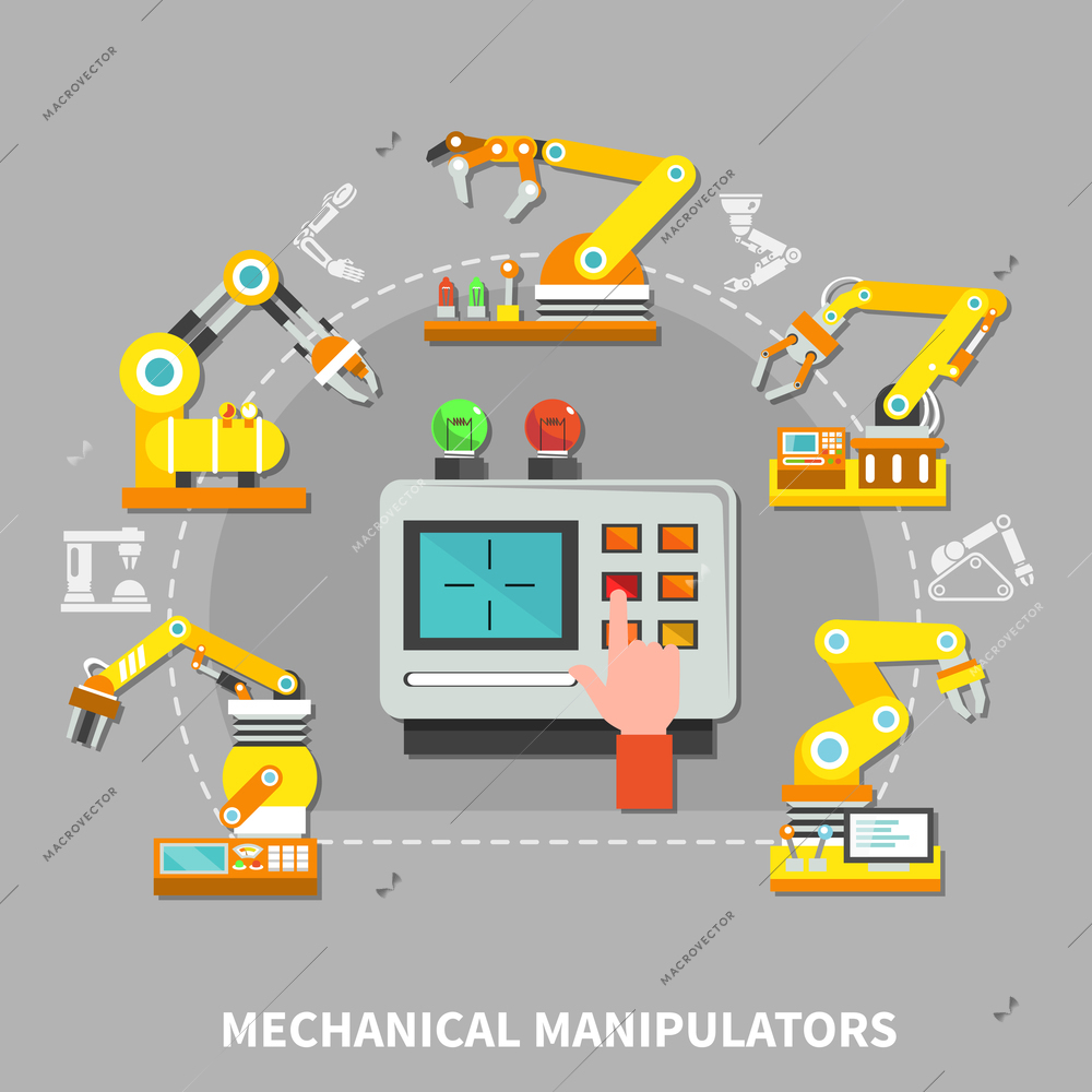 Robotic arm composition with yellow technical devices at the factory for different needs vector illustration