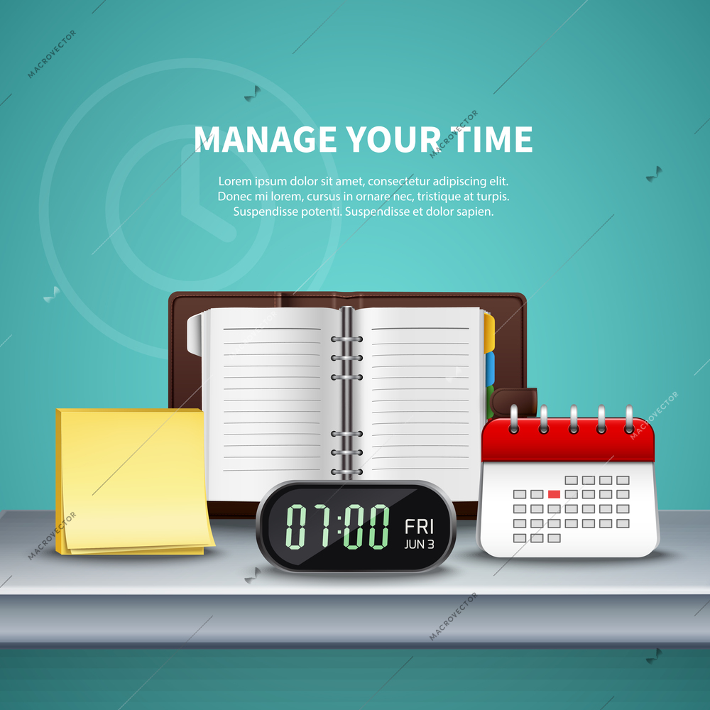 Time management realistic colored composition with different elements on manage your time theme vector illustration