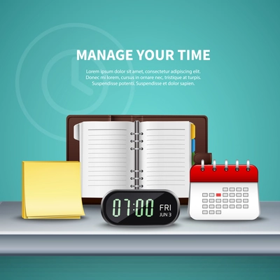 Time management realistic colored composition with different elements on manage your time theme vector illustration