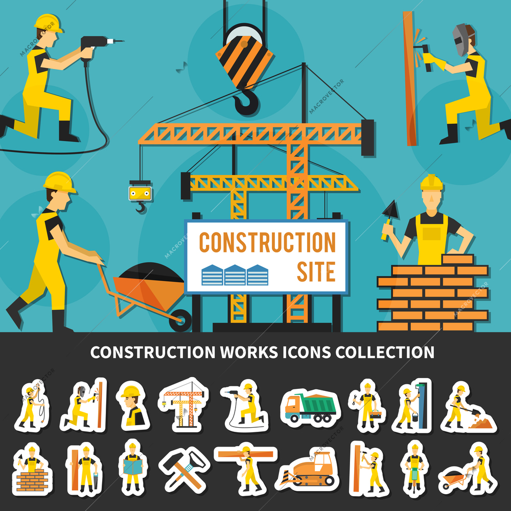 Colored construction worker flat concept with icon set combined in construction site composition vector illustration