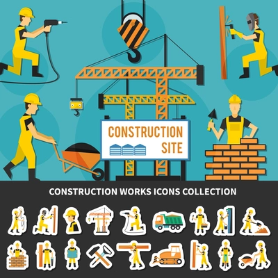 Colored construction worker flat concept with icon set combined in construction site composition vector illustration