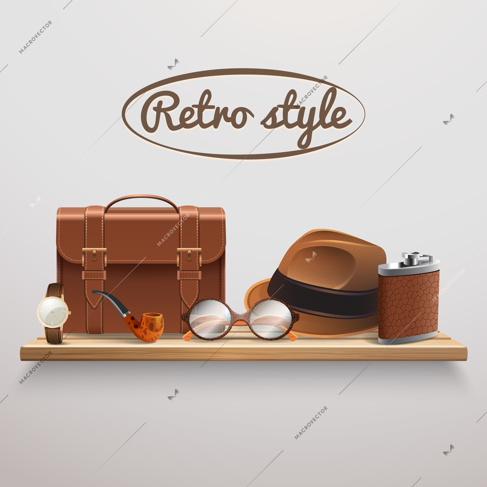 Retro style gentleman accessories on wooden shelf  realistic composition with briefcase glasses watch hat pipe vector illustration