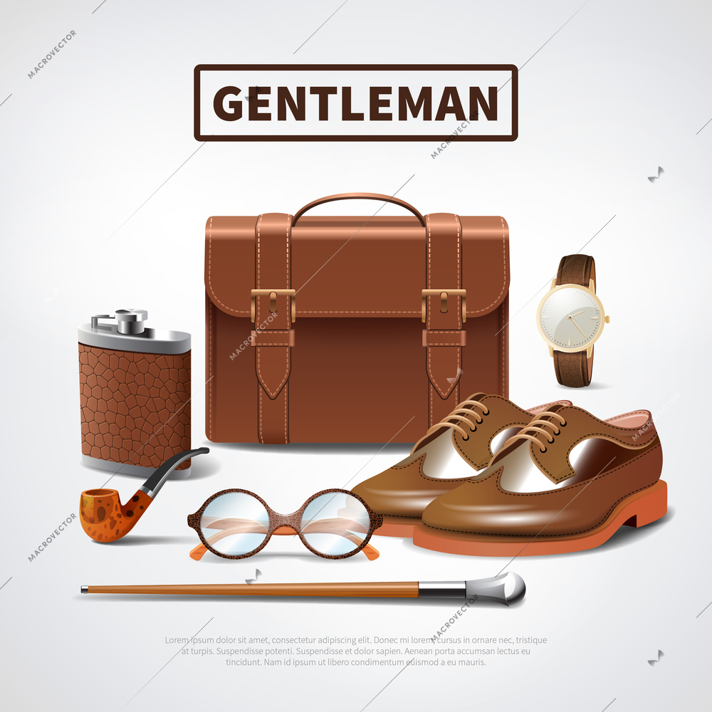 Classic retro gentleman accessories realistic composition with leather shoes briefcase glasses watch pipe walking stick vector illustration