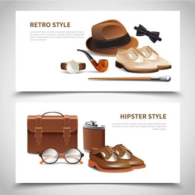 Retro and hipster styles gentleman accessories 2 horizontal realistic banners set with leather shoes isolated vector illustration