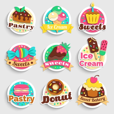 Sweets ice-cream cupcakes donuts confectionery bakery desserts colorful round emblems labels collection grey background isolated vector illustration