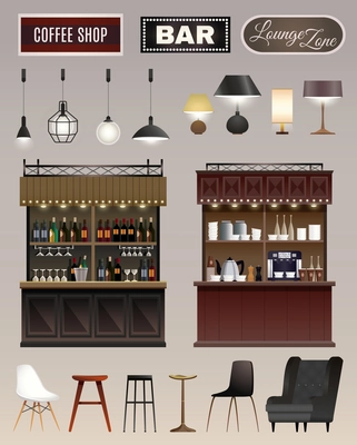 Coffee shop bar interior elements collection with counters wine liquor shelves lamps chairs stools isolated vector illustration